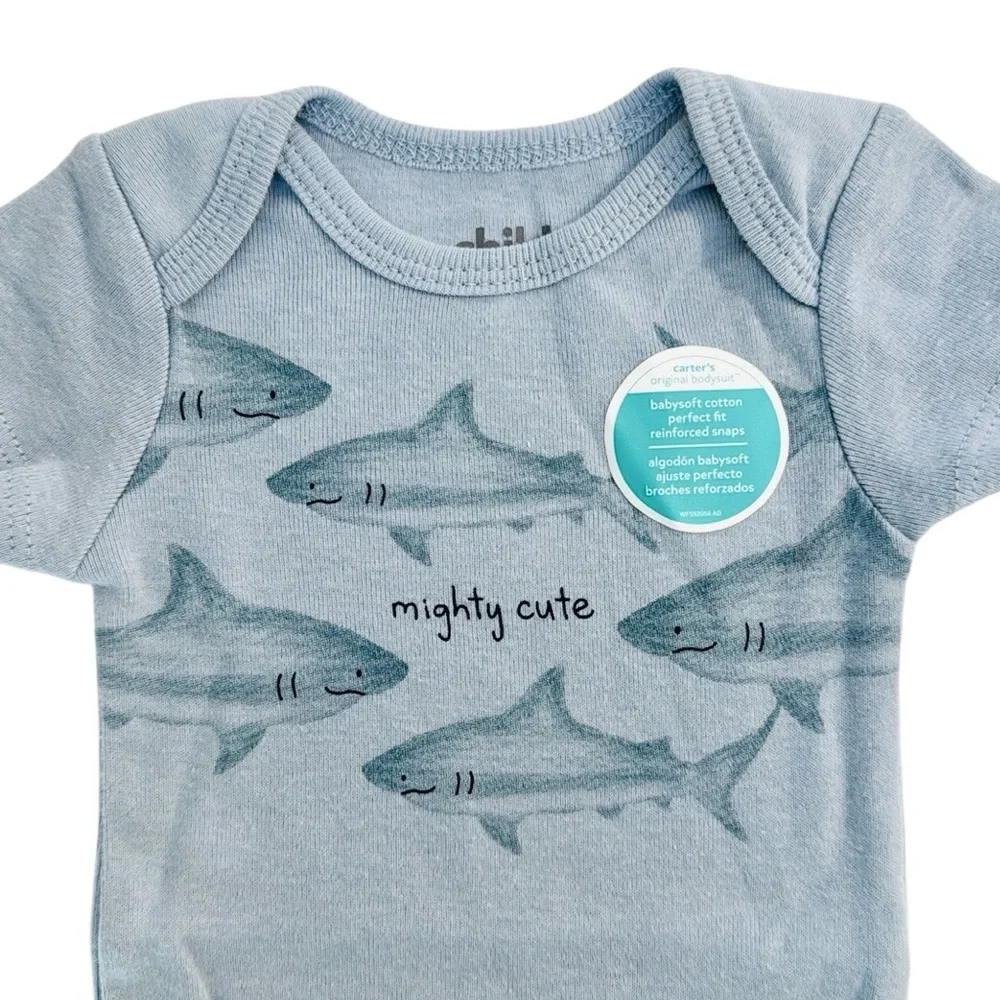 Carter’s NB Shark Mighty Cute Onesie Light Blue Baby Boy Short Sleeve Bodysuit